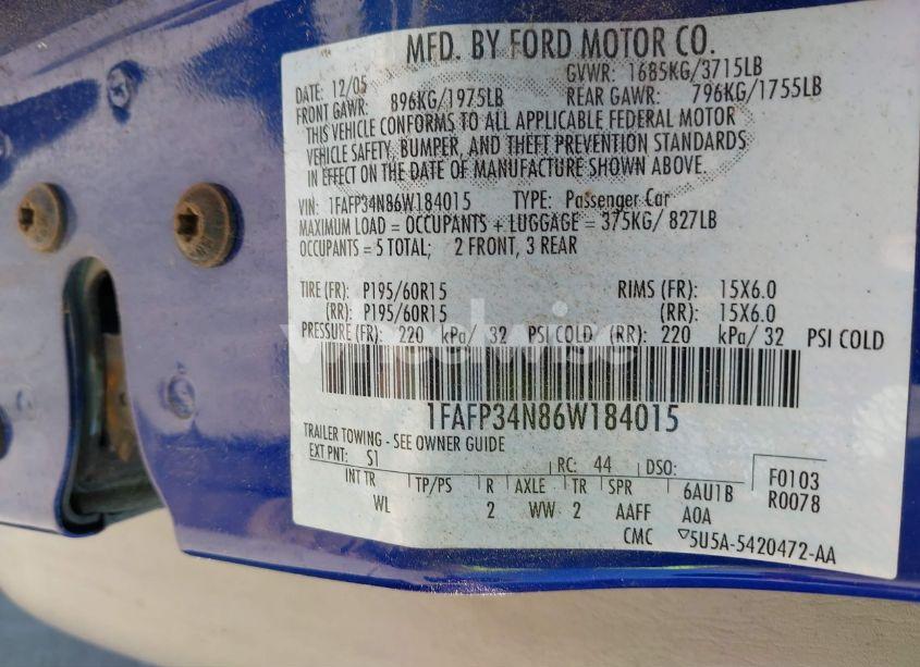 Photo 9 of 2006 Ford Focus ZX4 (VIN 1FAFP34N86W184015)