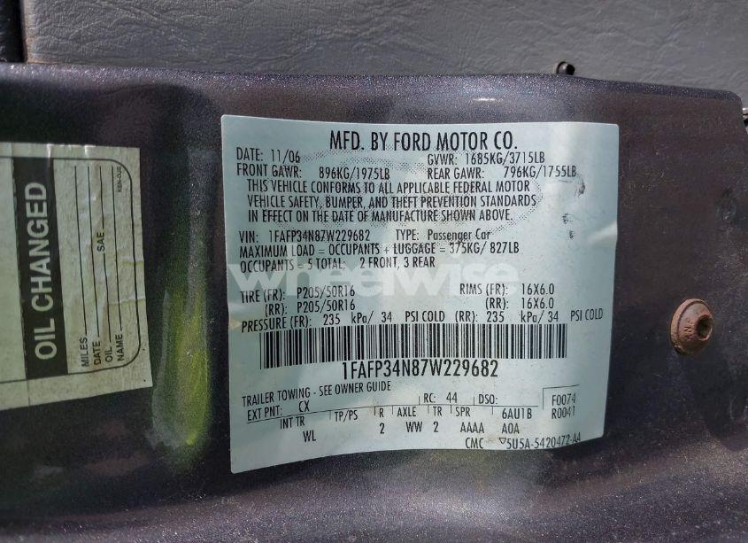 Photo 9 of 2007 Ford Focus S/SE/SES (VIN 1FAFP34N87W229682)