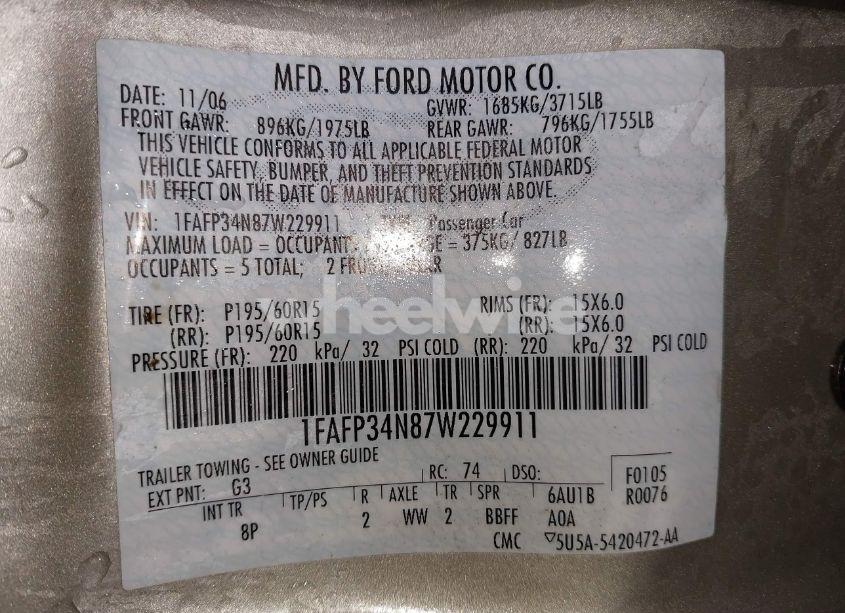 Photo 9 of 2007 Ford Focus ZX4/S/SE/SES (VIN 1FAFP34N87W229911)