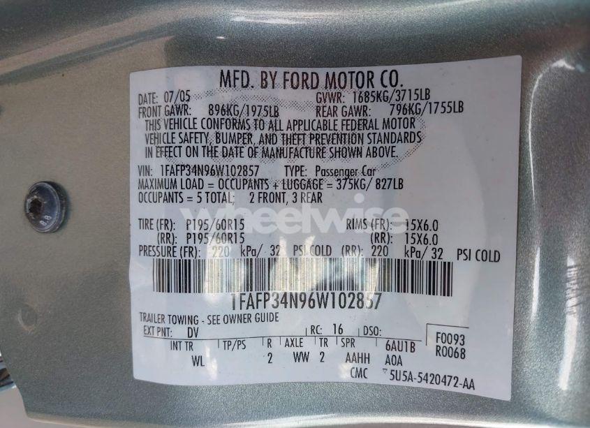 Photo 9 of 2006 Ford Focus ZX4 (VIN 1FAFP34N96W102857)