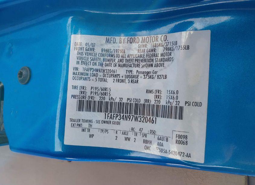 Photo 9 of 2007 Ford Focus S/SE/SES (VIN 1FAFP34N97W320461)