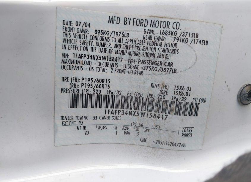 Photo 9 of 2005 Ford Focus ZX4 (VIN 1FAFP34NX5W158417)