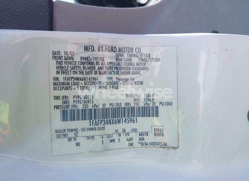 Photo 9 of 2006 Ford Focus ZX4 (VIN 1FAFP34NX6W145961)