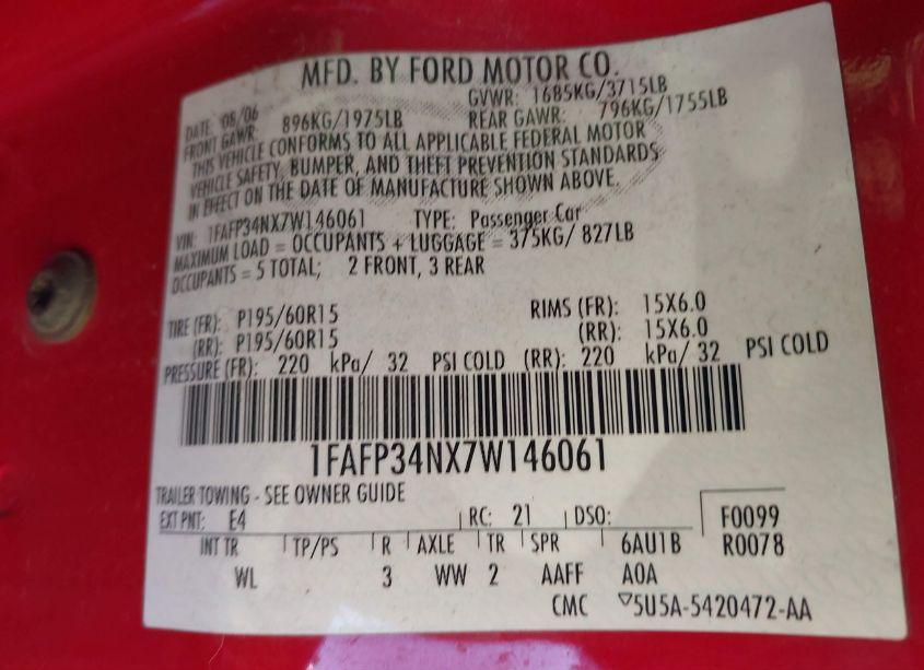 Photo 9 of 2007 Ford Focus S/SE/SES (VIN 1FAFP34NX7W146061)