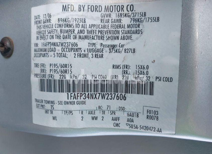 Photo 9 of 2007 Ford Focus S/SE/SES (VIN 1FAFP34NX7W237606)