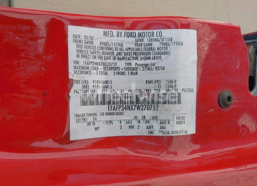 Photo 9 of 2007 Ford Focus S/SE/SES (VIN 1FAFP34NX7W270752)