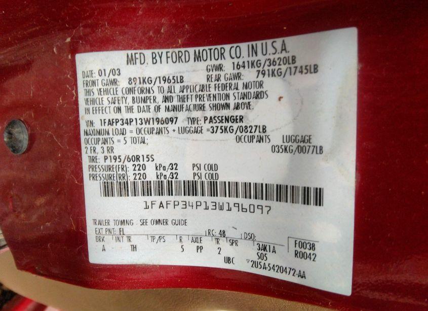 Photo 9 of 2003 Ford Focus SE (VIN 1FAFP34P13W196097)