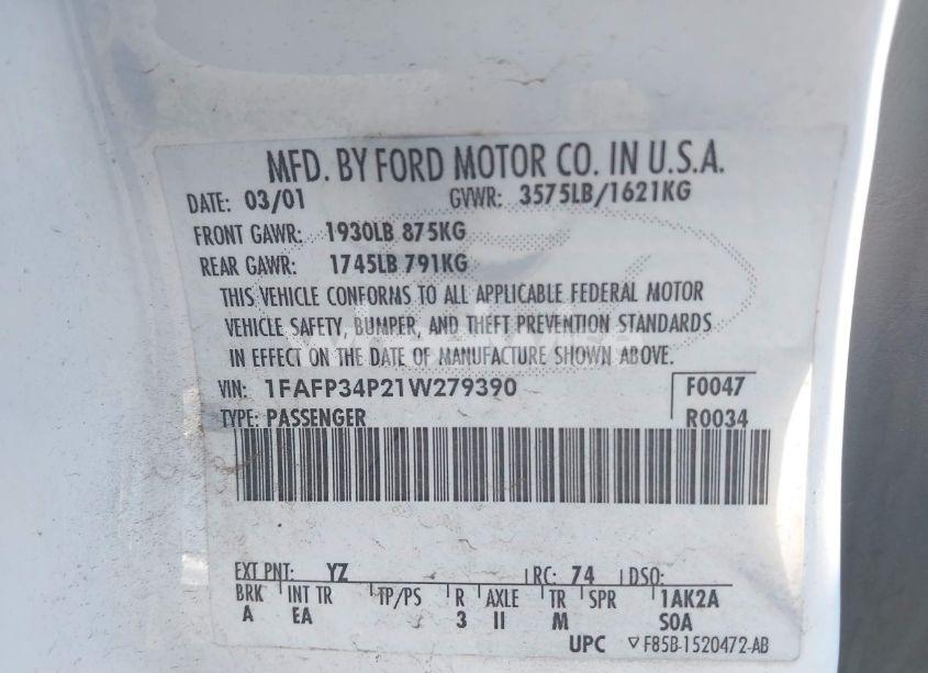 Photo 9 of 2001 Ford Focus SE (VIN 1FAFP34P21W279390)