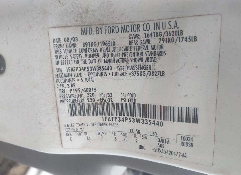 Photo 9 of 2003 Ford Focus SE (VIN 1FAFP34P53W335440)