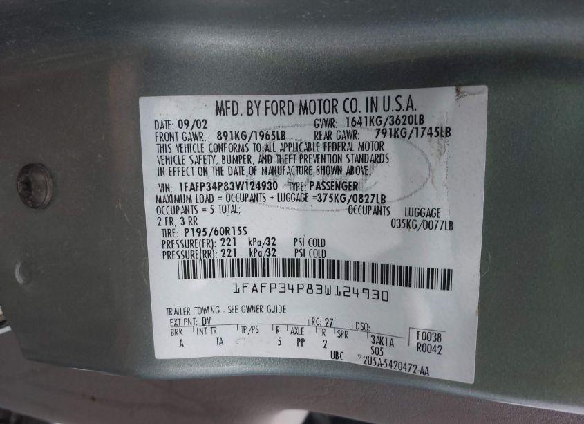 Photo 9 of 2003 Ford Focus SE (VIN 1FAFP34P83W124930)