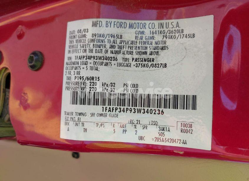 Photo 9 of 2003 Ford Focus SE (VIN 1FAFP34P93W340236)