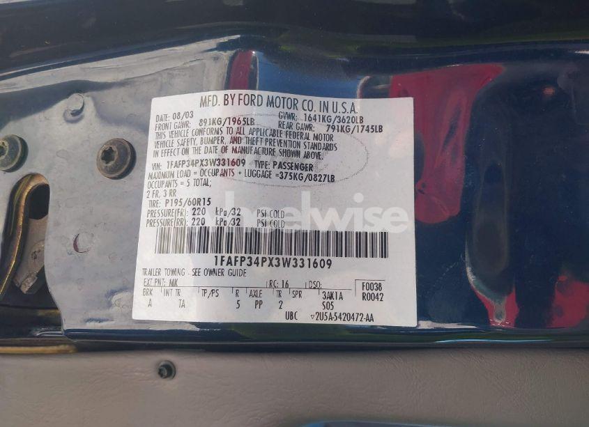 Photo 9 of 2003 Ford Focus SE (VIN 1FAFP34PX3W331609)
