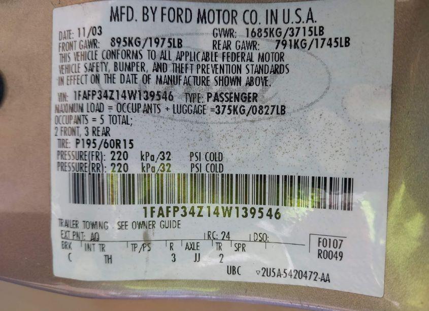 Photo 9 of 2004 Ford Focus SE (VIN 1FAFP34Z14W139546)