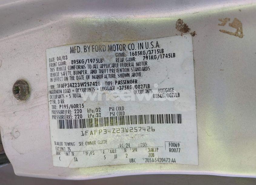 Photo 9 of 2003 Ford Focus SE (VIN 1FAFP34Z23W257426)