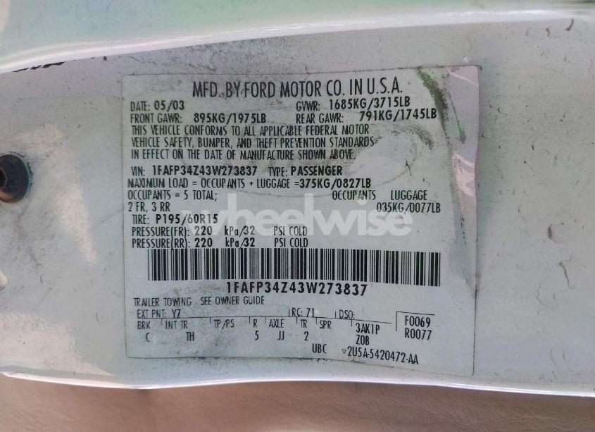 Photo 9 of 2003 Ford Focus SE (VIN 1FAFP34Z43W273837)