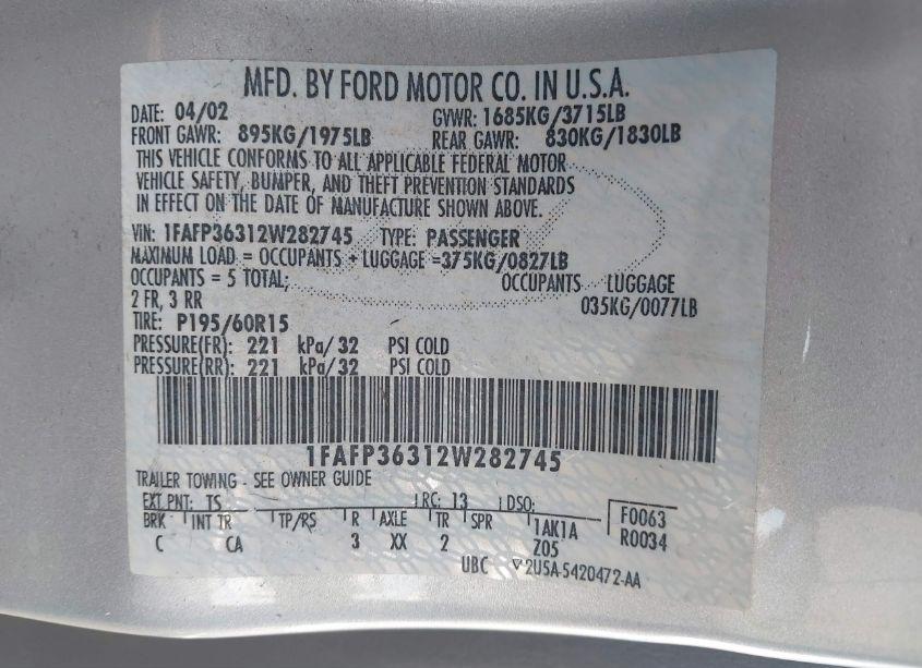 Photo 9 of 2002 Ford Focus SE/ZTW (VIN 1FAFP36312W282745)