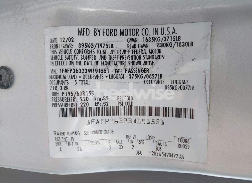 Photo 9 of 2003 Ford Focus SE/ZTW (VIN 1FAFP36323W191551)