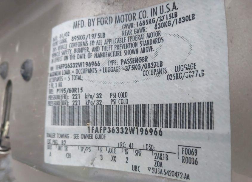 Photo 9 of 2002 Ford Focus SE/ZTW (VIN 1FAFP36332W196966)