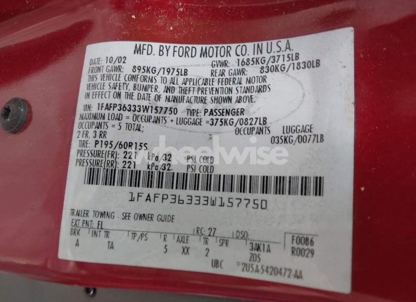 Photo 9 of 2003 Ford Focus SE/ZTW (VIN 1FAFP36333W157750)