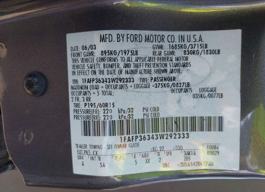 Photo 9 of 2003 Ford Focus SE/ZTW (VIN 1FAFP36343W292333)