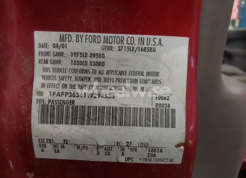 Photo 9 of 2001 Ford Focus SE/SE STREET EDITION (VIN 1FAFP36361W294534)