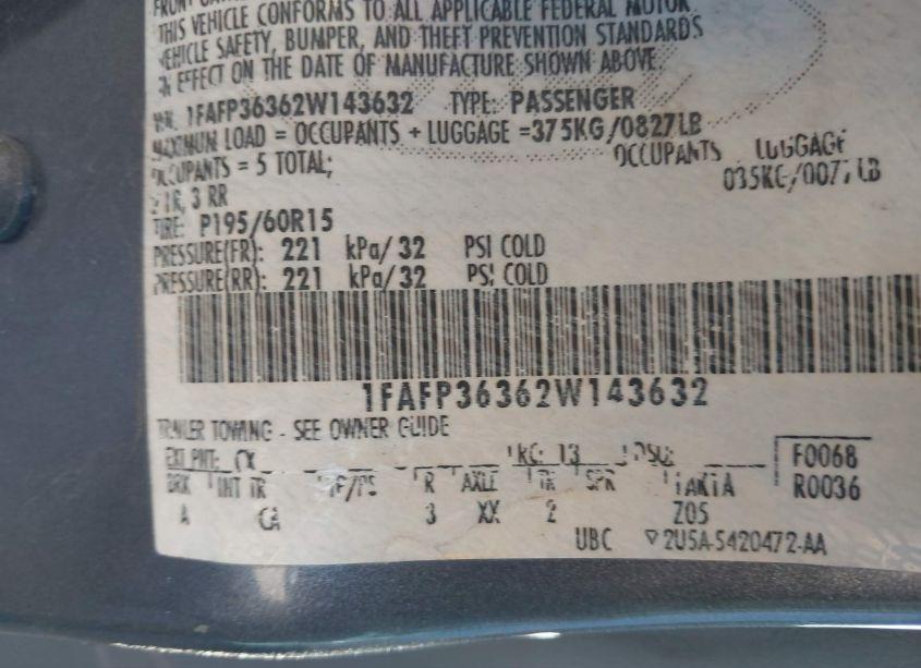 Photo 9 of 2002 Ford Focus SE/ZTW (VIN 1FAFP36362W143632)