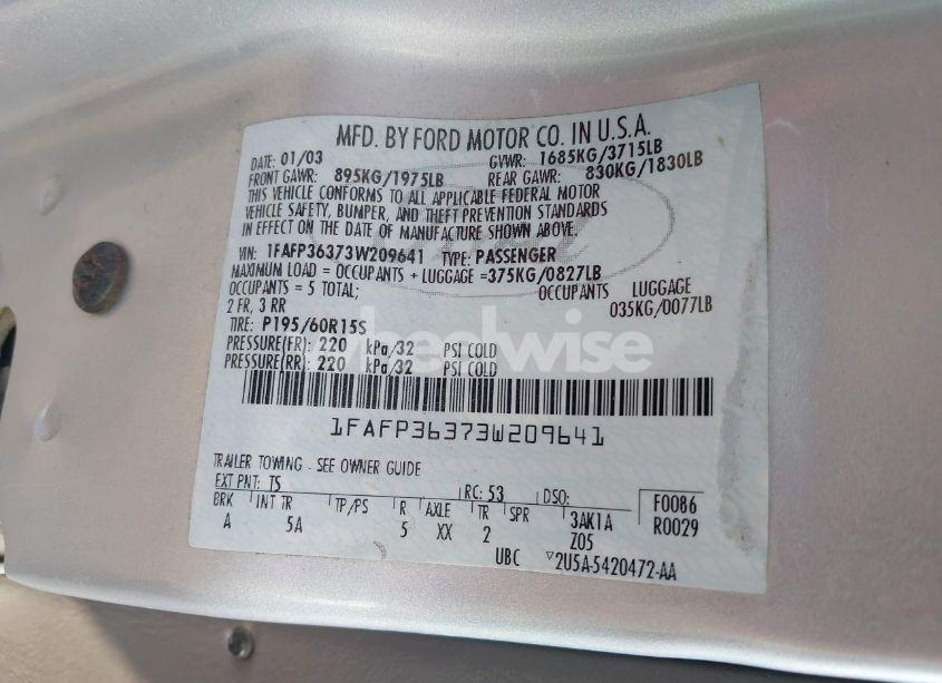 Photo 9 of 2003 Ford Focus SE/ZTW (VIN 1FAFP36373W209641)