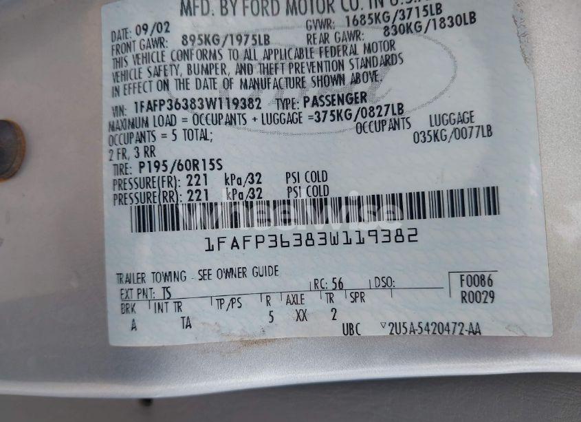 Photo 9 of 2003 Ford Focus SE/ZTW (VIN 1FAFP36383W119382)