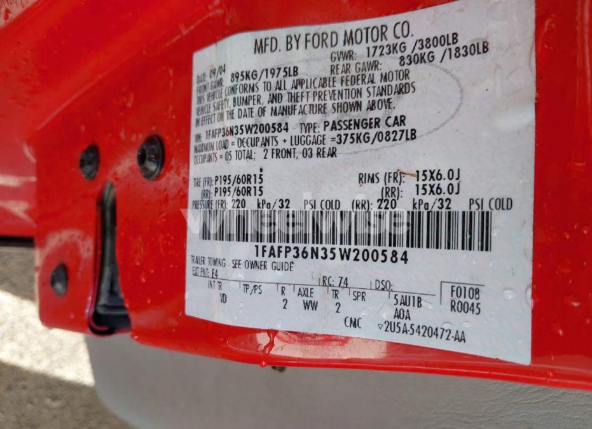 Photo 9 of 2005 Ford Focus ZXW (VIN 1FAFP36N35W200584)