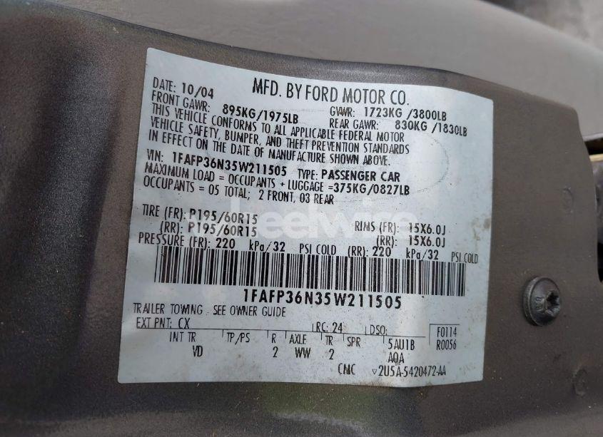 Photo 9 of 2005 Ford Focus ZXW (VIN 1FAFP36N35W211505)