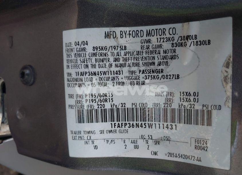 Photo 9 of 2005 Ford Focus ZXW (VIN 1FAFP36N45W111431)