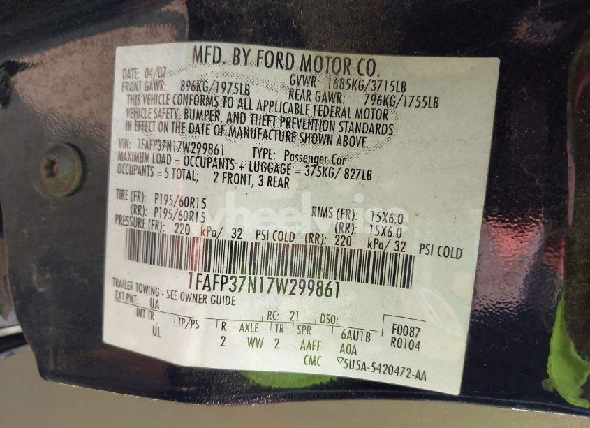 Photo 9 of 2007 Ford Focus S/SE/SES (VIN 1FAFP37N17W299861)