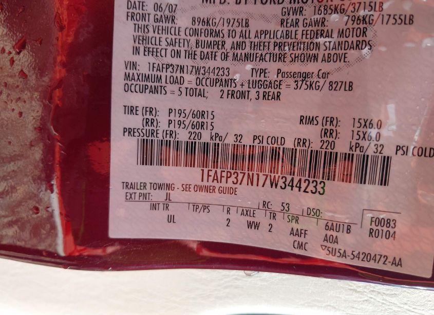 Photo 9 of 2007 Ford Focus S/SE/SES (VIN 1FAFP37N17W344233)