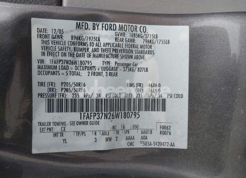 Photo 9 of 2006 Ford Focus ZX5 (VIN 1FAFP37N26W180795)