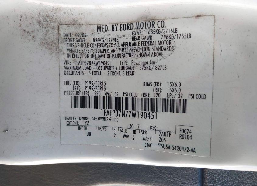 Photo 9 of 2007 Ford Focus S/SE/SES (VIN 1FAFP37N77W190451)