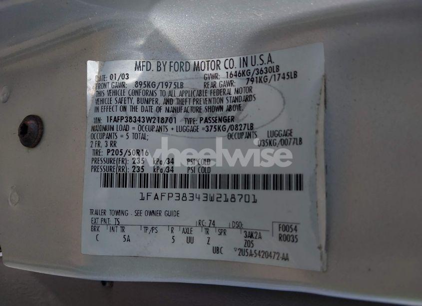 Photo 9 of 2003 Ford Focus ZTS (VIN 1FAFP38343W218701)