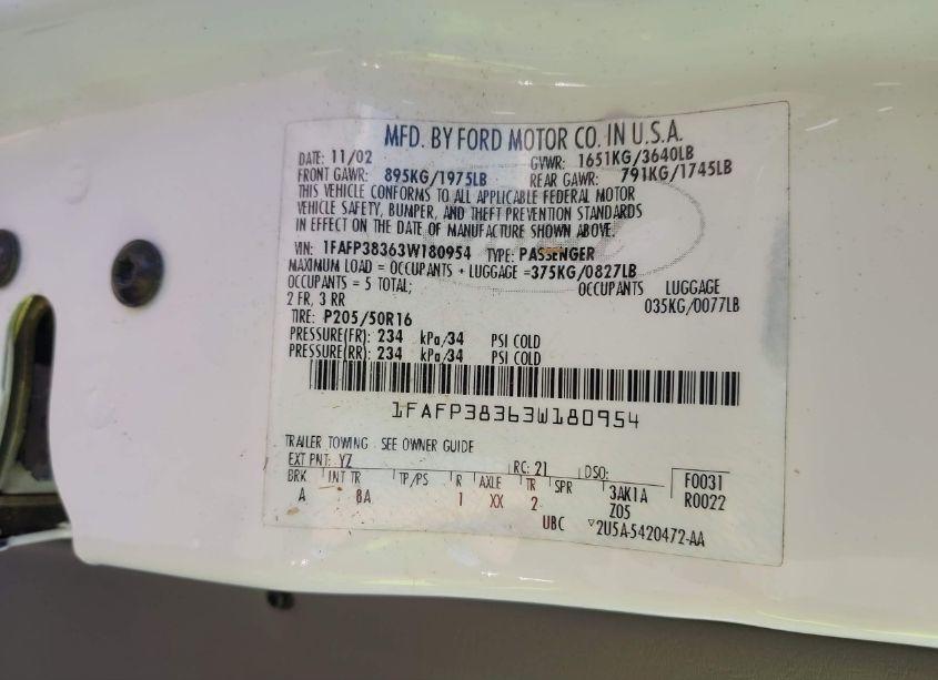 Photo 9 of 2003 Ford Focus ZTS (VIN 1FAFP38363W180954)