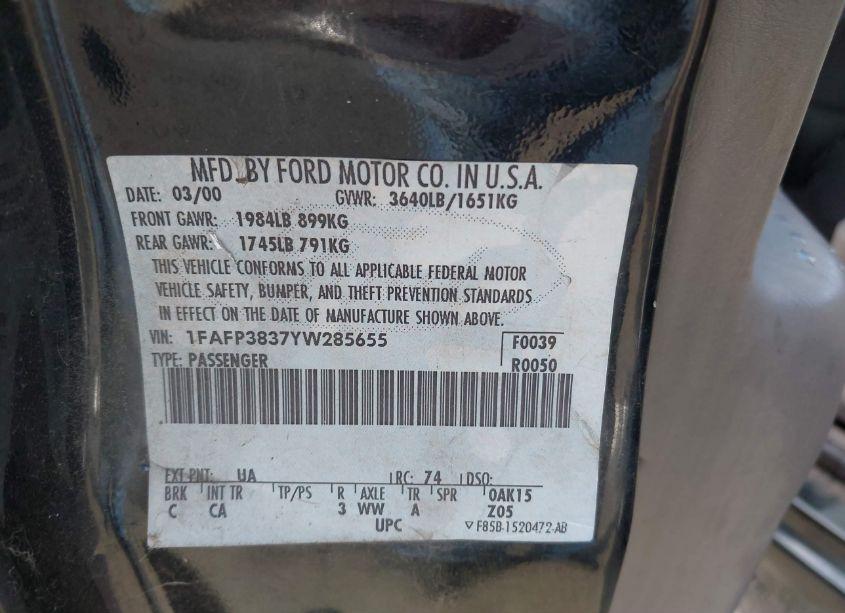 Photo 9 of 2000 Ford Focus ZTS (VIN 1FAFP3837YW285655)