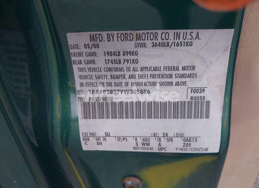 Photo 9 of 2000 Ford Focus ZTS (VIN 1FAFP3837YW305886)