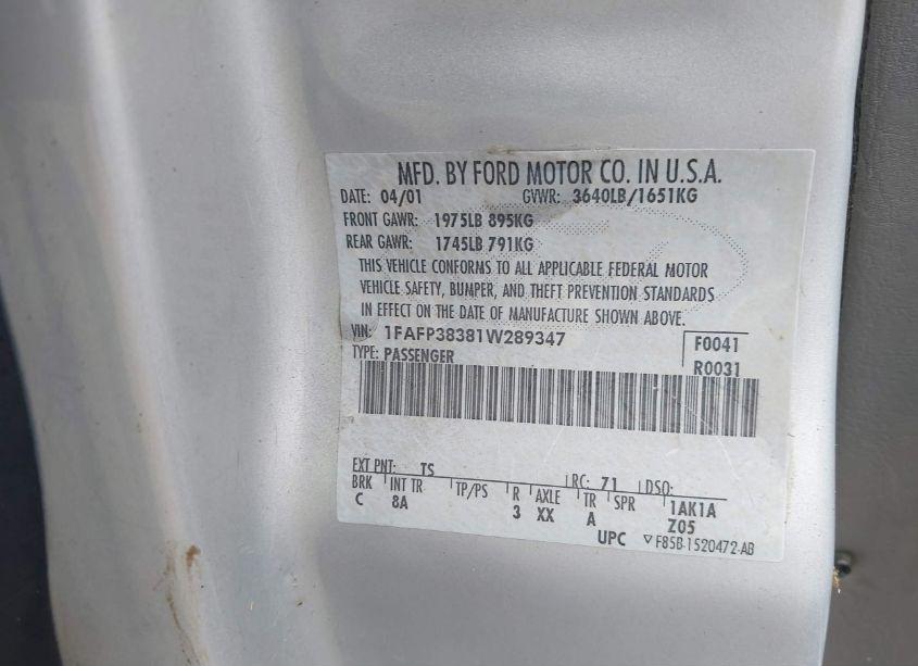 Photo 9 of 2001 Ford Focus ZTS (VIN 1FAFP38381W289347)