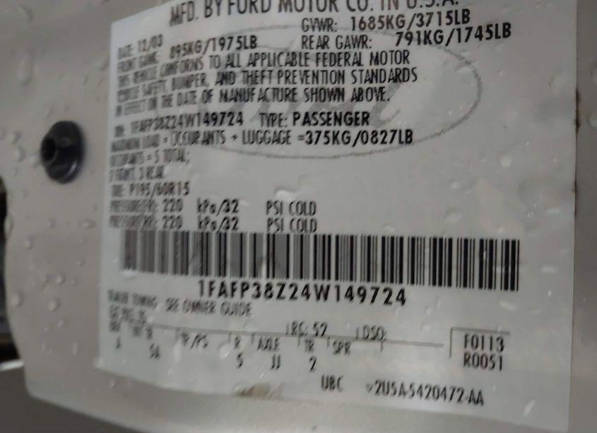 Photo 9 of 2004 Ford Focus ZTS (VIN 1FAFP38Z24W149724)