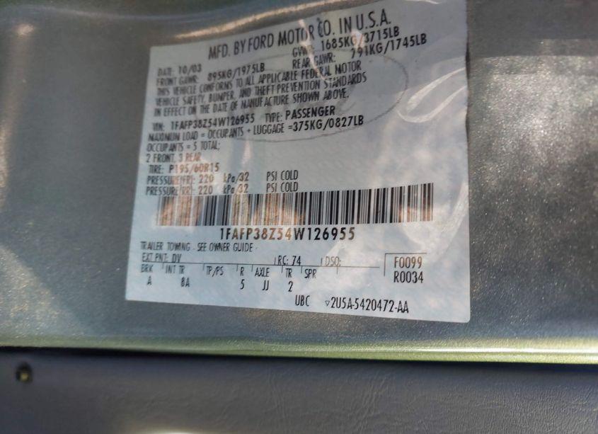 Photo 9 of 2004 Ford Focus ZTS (VIN 1FAFP38Z54W126955)