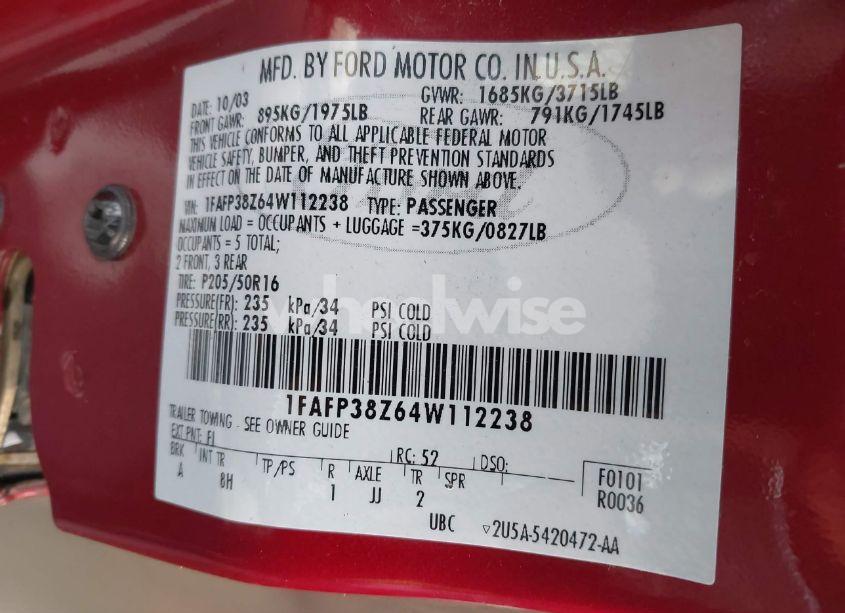 Photo 9 of 2004 Ford Focus ZTS (VIN 1FAFP38Z64W112238)