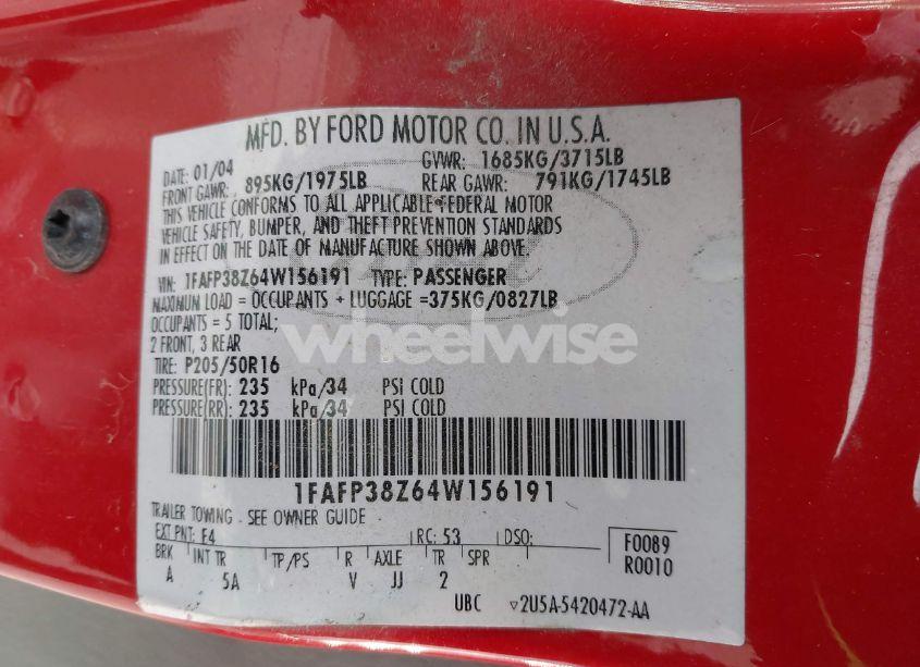 Photo 9 of 2004 Ford Focus ZTS (VIN 1FAFP38Z64W156191)