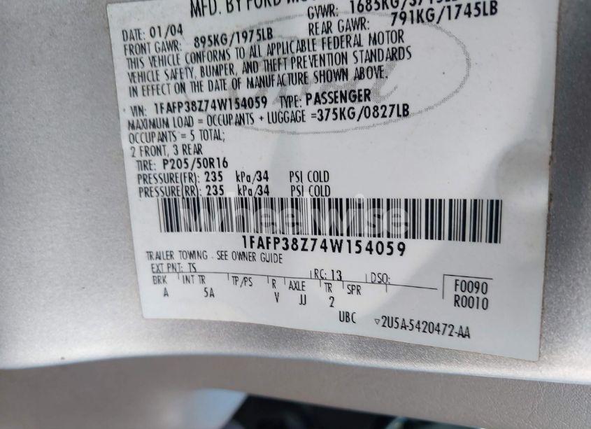 Photo 9 of 2004 Ford Focus ZTS (VIN 1FAFP38Z74W154059)