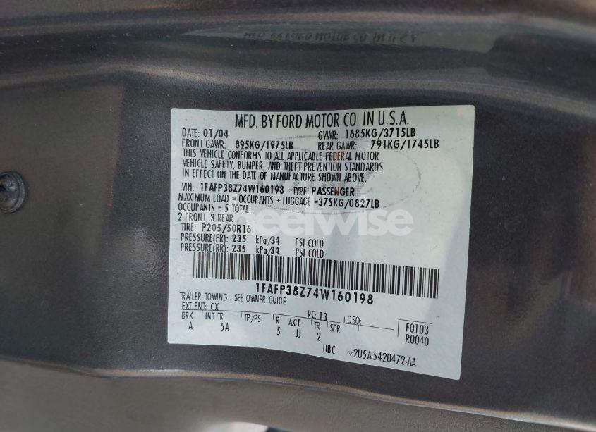 Photo 9 of 2004 Ford Focus ZTS (VIN 1FAFP38Z74W160198)