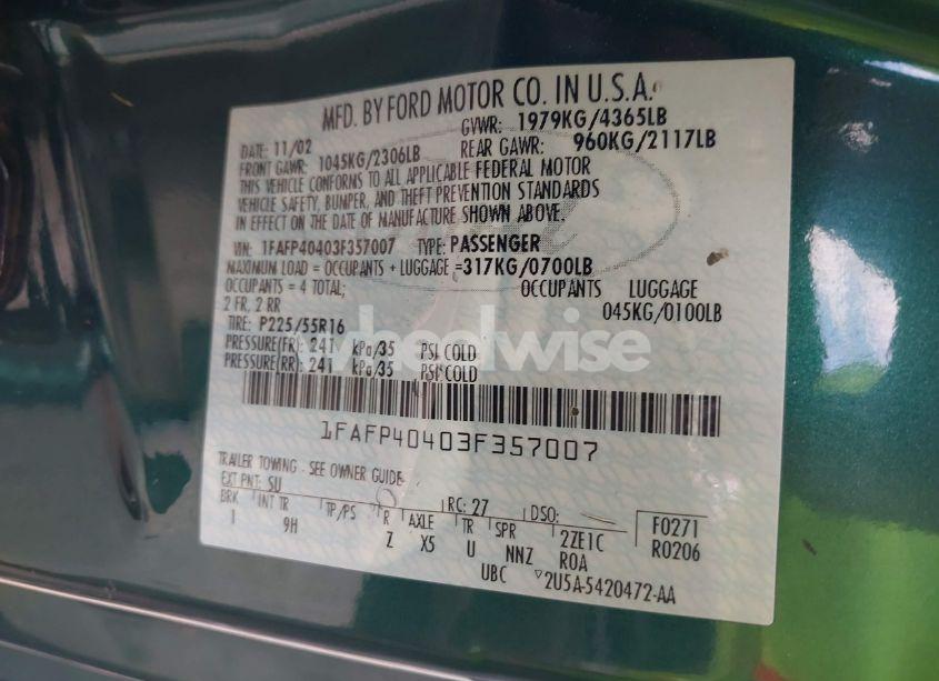 Photo 9 of 2003 Ford Mustang (VIN 1FAFP40403F357007)