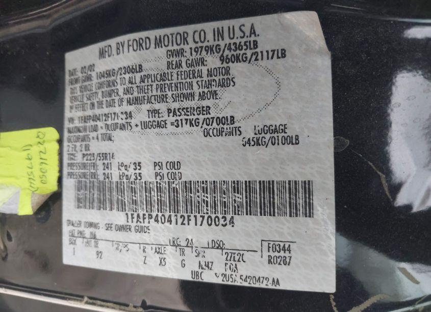 Photo 9 of 2002 Ford Mustang (VIN 1FAFP40412F170034)