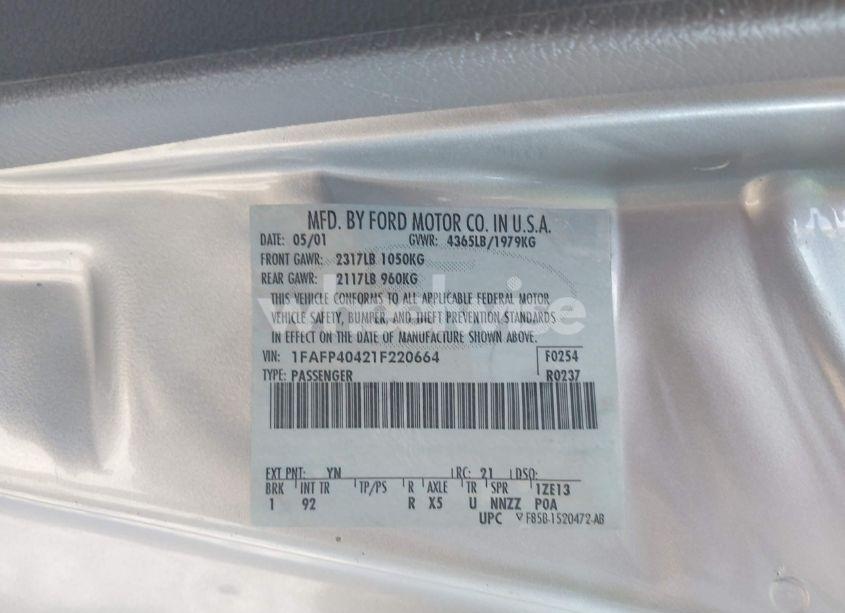 Photo 9 of 2001 Ford Mustang DELUXE (VIN 1FAFP40421F220664)