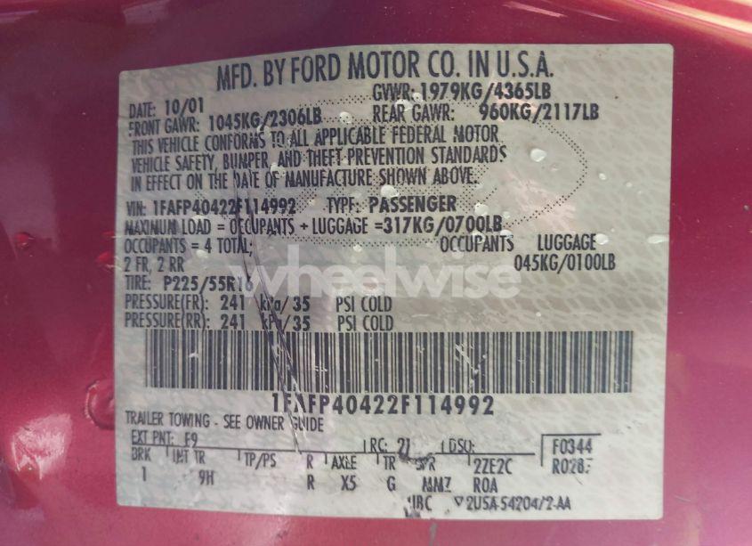 Photo 9 of 2002 Ford Mustang (VIN 1FAFP40422F114992)